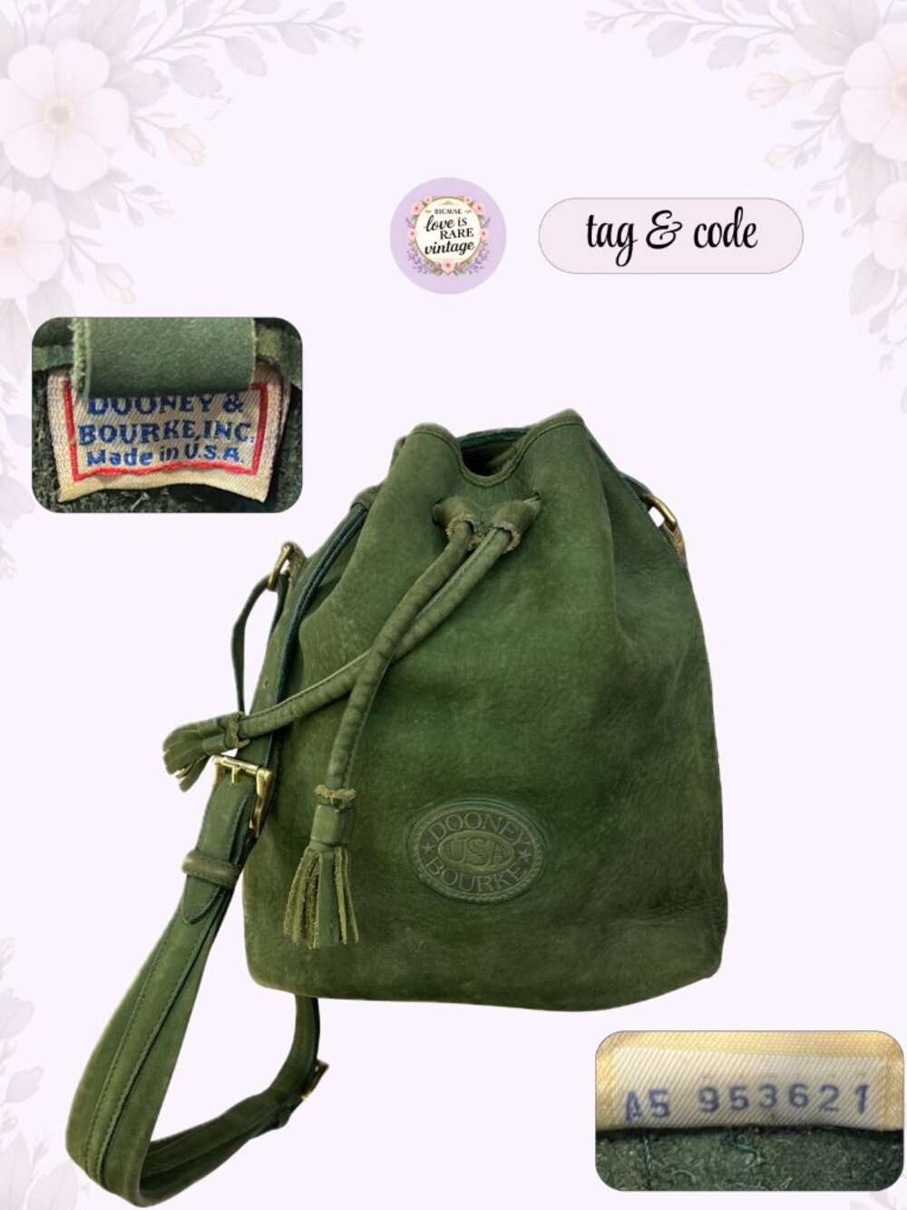 Vintage Dooney & Bourke Leather Bucket Bag • 1990s Green Suede Drawstring Purse - Picture 14 of 15